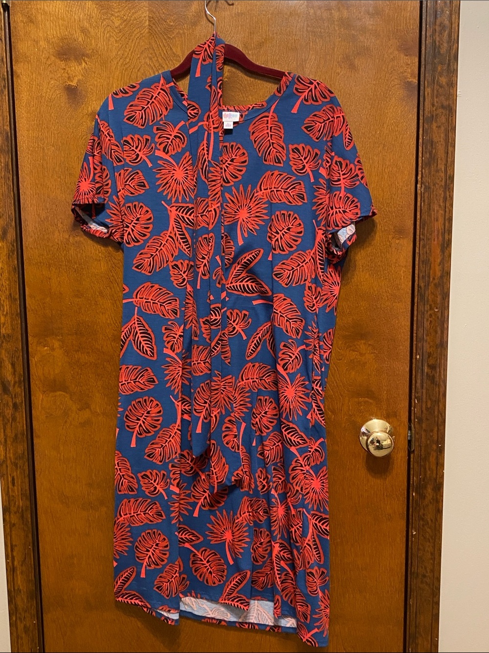 Lularoe Navy Blue Dress with Red Tropical Leaf Print